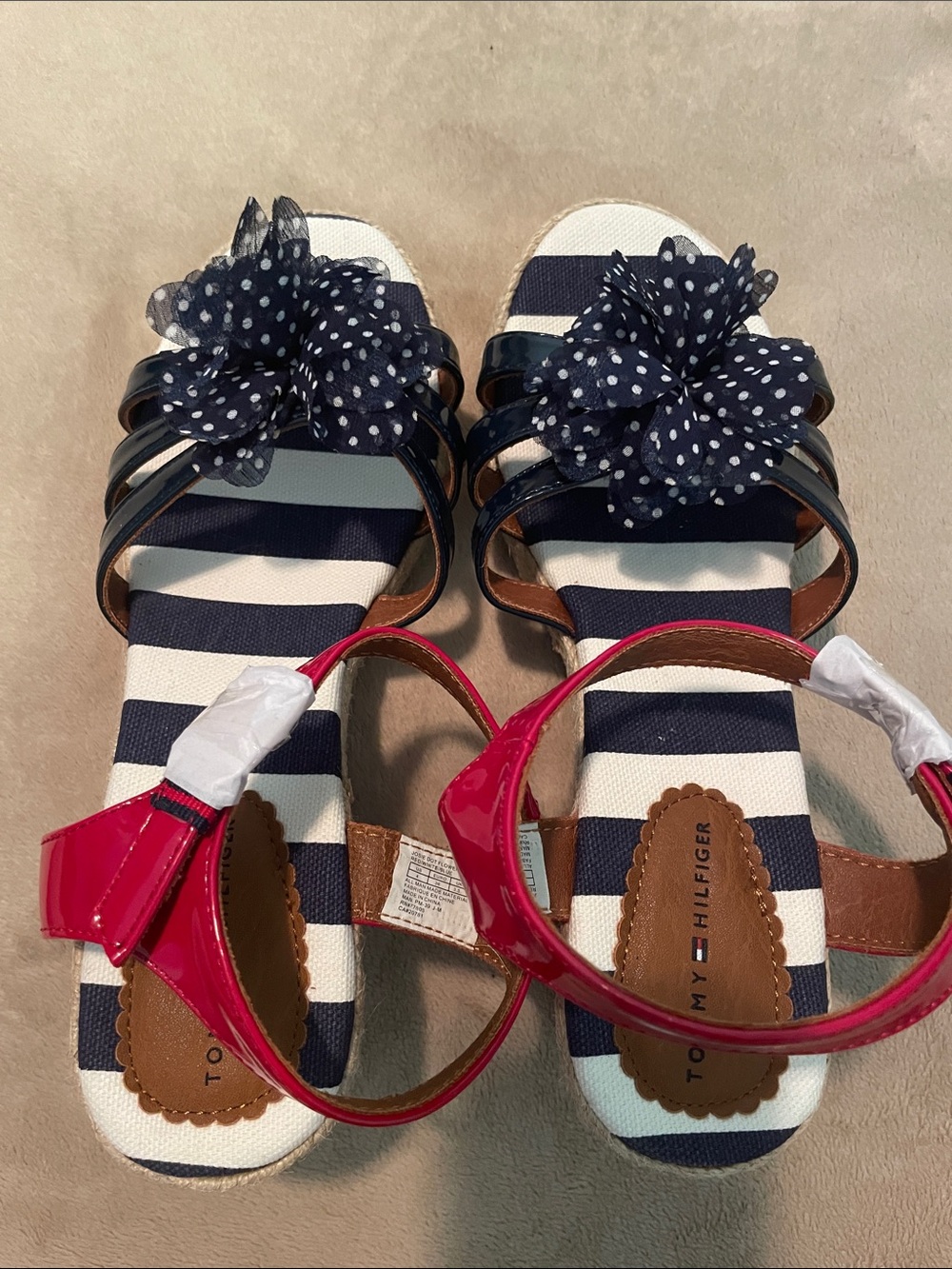 Tommy Hilfiger Navy & White Striped Sandals with Pink Ankle Straps